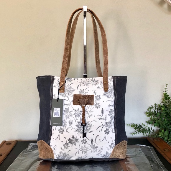 Myra Bag Handbags - Myra Bag up cycled  Canvas Tote Abstract Key C2019